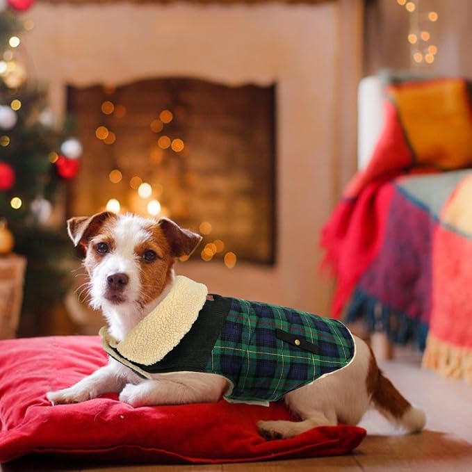 Winter Coat for Small and Medium Dogs, Puppy Plaid Jacket, Cotton Coat for Cold Weather, Windproof Warm Dog Garments, Pet Thickened Outfits Indoor Outdoor, Green S