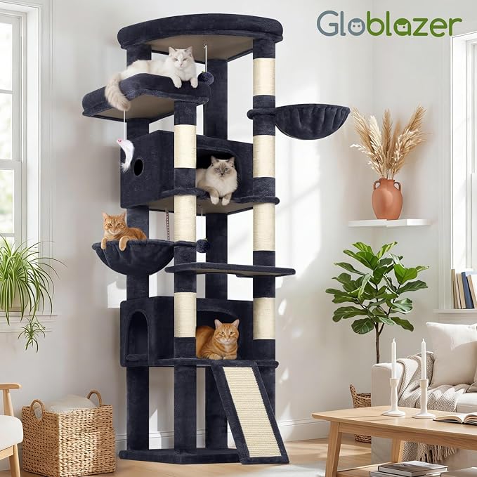Globlazer Extra Large Heavy Duty Cat Tree, 80in Tall Sturdy Cat Tree Tower for Multiple Indoor Cats Large Adult with Scratching Posts, 2 Spacious Condos with Padding, 2 Soft Perches, S80C, Dark Grey