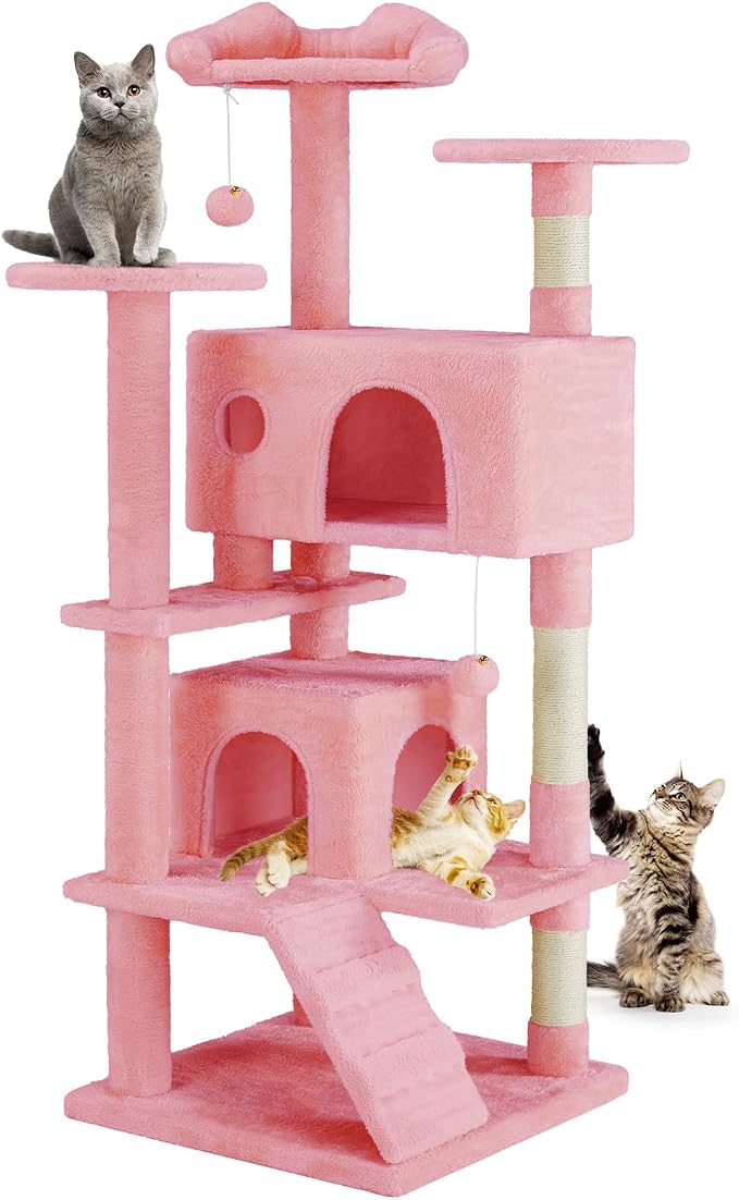 DUMOS 54 Inch Cat Tree Tower with Scratching Posts, Pink | Multi-Level Pet House for Large Cats with 2 Condos, Scratching Posts, Round Platform, Small Ladder and Toys