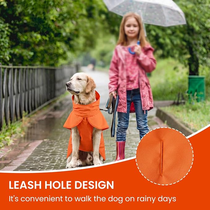 BRKURLEG Dog Raincoat, Waterproof Rain Jacket with Hood, Orange, XL | Adjustable Windproof Rainproof Jacket with Leash Hole, Reflective Breathable Rain Coat Poncho, for Small to Large Dogs