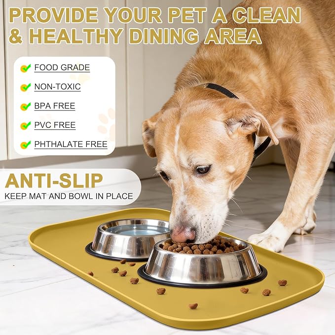 SMILOOL Silicone Pet Food Mat with Raised Edge for Food and Water Bowl, Dog Feeding Mats, Cat Food Trays for Floor Waterproof, Rubber Tray for Dogs and Cats, 24 x 16 x 0.8 Honey