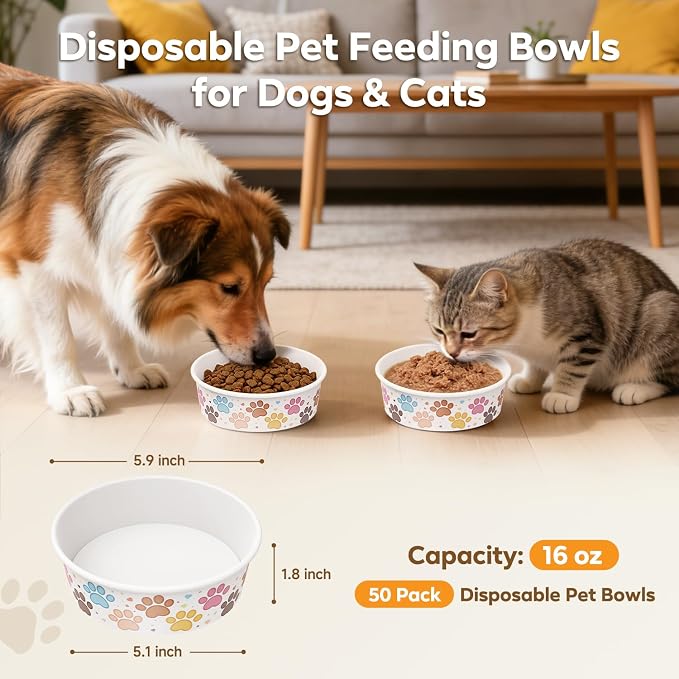 50 Pack Disposable Dog Bowls, 16 oz Paper Pet Bowls for Cats & Dogs | Disposable Paw Print Cat Food Bowls, Dry Wet Food & Wate, Small Medium Pets, Travel and Daily Feeding Bowls, Thick & Sturdy
