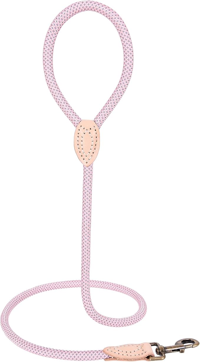 Mile High Life Dog Leash with Genuine Leather Connection, Reflective | Rope Leash, Heavy Duty 360° Swivel Metal Clasp, for Small Medium & Large Dogs Walking (Pink, 72 Inch-1/2)