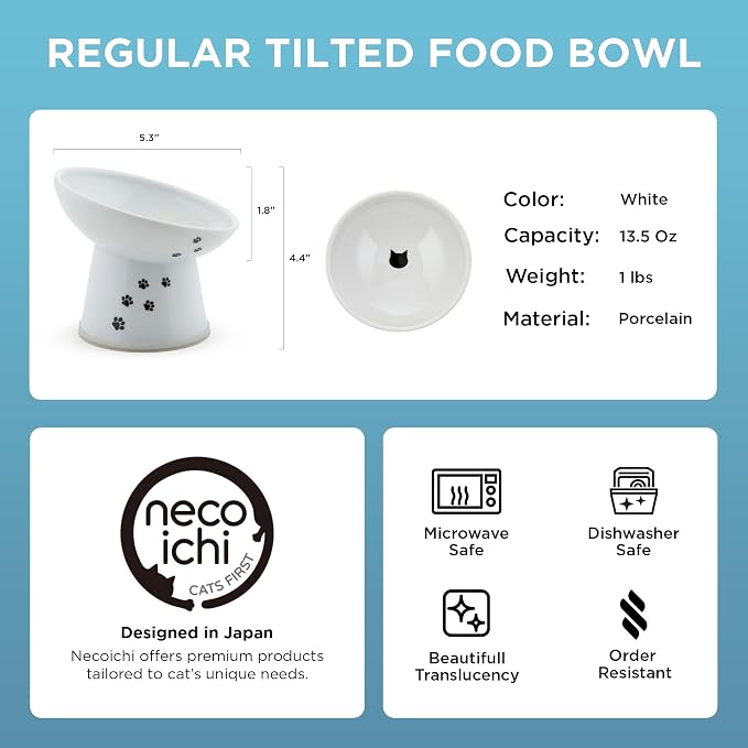 Necoichi Ceramic Elevated Cat Food Bowl, 15° Tilted (Cat, Regular Tilted)