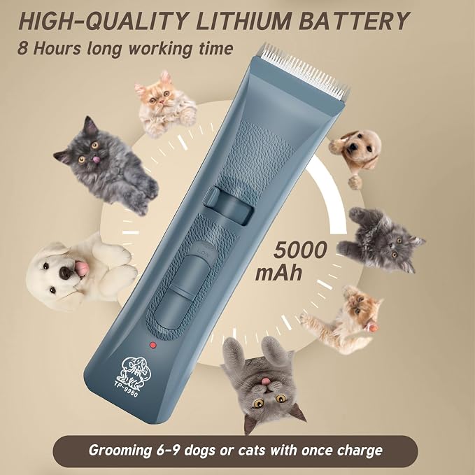 Tife Low Noise Dog Clipper – Cordless Pet Grooming Kit with Rechargeable Battery, Quiet Electric Hair Trimmer for Thick Coats, Adjustable Blade Pet Shaver for Dogs & Cats(Blue)