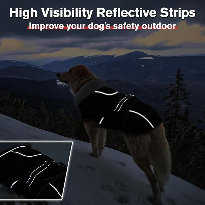 Lelepet Warm Dog Coat Adjustable Dog Fleece Vest Waterproof Jacket for Dogs | Windproof Winter Cold Weather Coats with Adjustable Buckle & Leash Hole Reflective Jackets for Large Dogs, Black, L