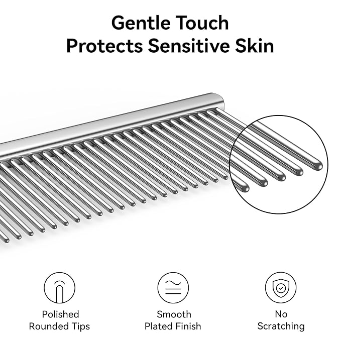 Stainless Steel Dog & Cat Comb with Coarse/Fine Teeth, Professional Pet Grooming Tool, Dematting Undercoat Comb for Long Hair, Double Coats Dogs Cats Removing Tangles and Knots, Silver