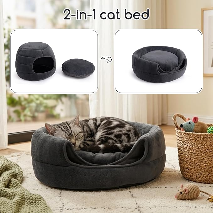 Hollypet Cat Bed Cave for Indoor Cats for Pets up to 15 lbs, Gray | Warm Cat Bed Cats Igloo Cave Condo, Covered Kitty House with Removable Washable Cushion, Cozy Enclosed Pet Bed for Small Dogs