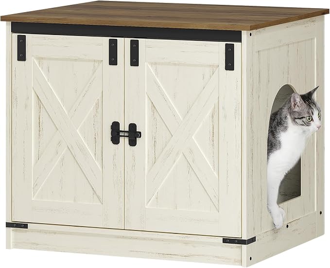 Hzuaneri Cat Litter Box Enclosure, Hidden Litter Box Furniture with Divider | Wooden Cat Cabinet with Removable Dividers, Reversible Entrance Left or Right Side, Cat Washroom, Rustic White Brown CB84514X