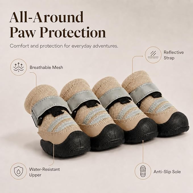 Dog Boots, Waterproof Dog Shoes with Reflective Straps, Rugged Anti-Slip Sole Paw Protectors for Medium Large Dogs, Breathable Pet Booties for Hot Pavement, Snow, Hiking, 4Pcs