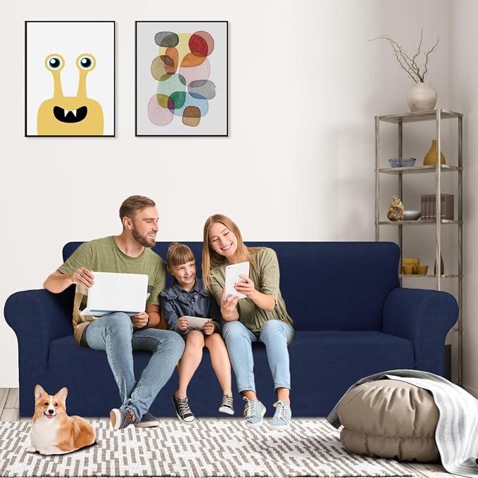 MAXIJIN Stretch Oversized Couch Covers for 3 Cushion Couch (91"-110"), 1-Piece Large Sofa Cover Slipcover Furniture Protector for Kids,Dogs (Extra Large, Diamond Pattern Navy Blue)