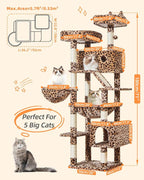 Taoqimiao Cat Tree, 71 in Extra Large Cat Tower for Inddor Cats, MS026LBW | 2 Large Cat Condos, 2 Cute Perches, Metal Frame Cozy Hammock, Durable Scratch Board, 8 Natural Sisal Posts, Basket, Leopard