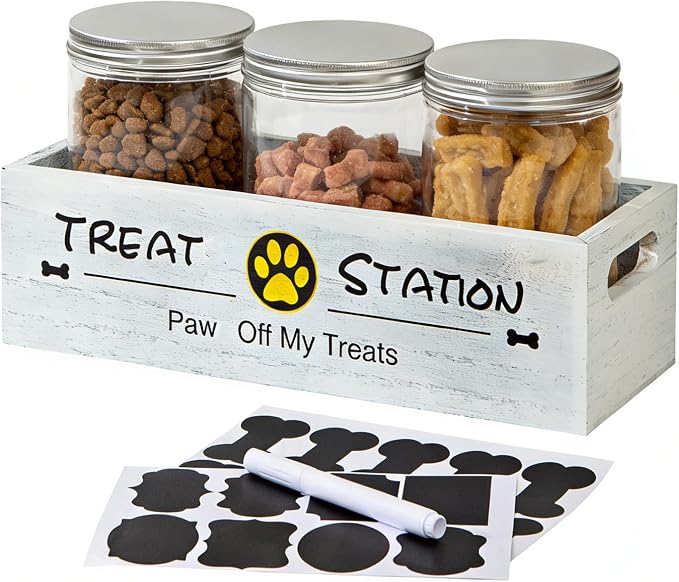 Dog treat container for Countertop Cat Organization and Storage with 3 Jars Pet Accessories Storage Decorative Dog Treat Station Farmhouse Decor Gift for Pet