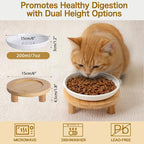 6 Inch Shallow Ceramic Elevated Cat Bowl, Whisker-Friendly Raised Flat Cat Food Plate Feeding Station with Bamboo Stand for Indoor Cats and Kittens (Single, 1.8" Stand, White)