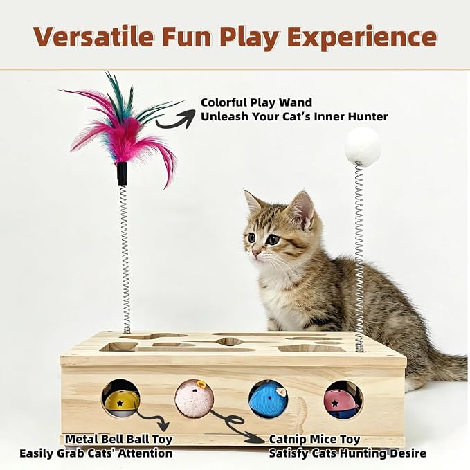 Cat Toys, Cat Scratcher Puzzle Enrichment Box - Wooden Cat Nail File with 2 Catnip Mice & 2 Balls & 2 Wand, Interactive Cat Toy Treat Maze for Indoor Cats, Stress-Free Cat Scratch Box That Trim Nails