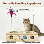 Cat Toys, Cat Scratcher Puzzle Enrichment Box - Wooden Cat Nail File with 2 Catnip Mice & 2 Balls & 2 Wand, Interactive Cat Toy Treat Maze for Indoor Cats, Stress-Free Cat Scratch Box That Trim Nails