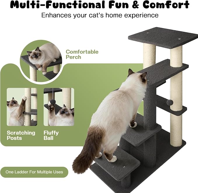 5-Step Pet Steps for Cats/Dogs, Cat Stairs with Sisal Scratching Post, Cat Steps for Older Cats with Enlarge Perch, Pet Stairs for High Bed and Couch, Gray
