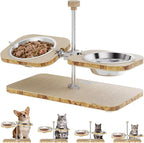 Elevated Cat Bowls with Wood Stand Adjustable Tilt (2 Cups/Bowl) | FSC Certified E0 Grade Frame,Whisker Fatigue Comfort,Dishwasher Safe Stainless Inserts,Non-slip Pads