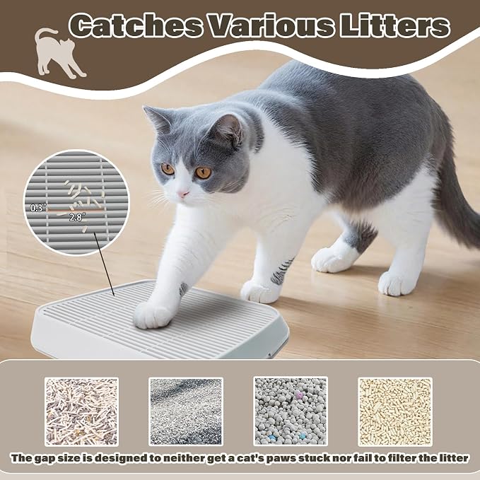 Cat Ramp for Litter Box, Anti-Tracking Cat Litter Trapper, Grey | Litter Box Step for Kittens & Senior Cats, 0.2-in Filter Holes, Non-Slip Base, Easy-Rinse ABS, Fits Most Litter Boxes