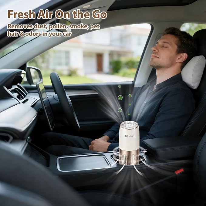 Aucleia Mini Portable Air Purifier for Car Office Travel, Champagne | Compact Air Purifier With Aromatherapy Function, Usb Powered Mini Usb Air Purifier Removes Pet Odor, Smoke, Dust And Pollen