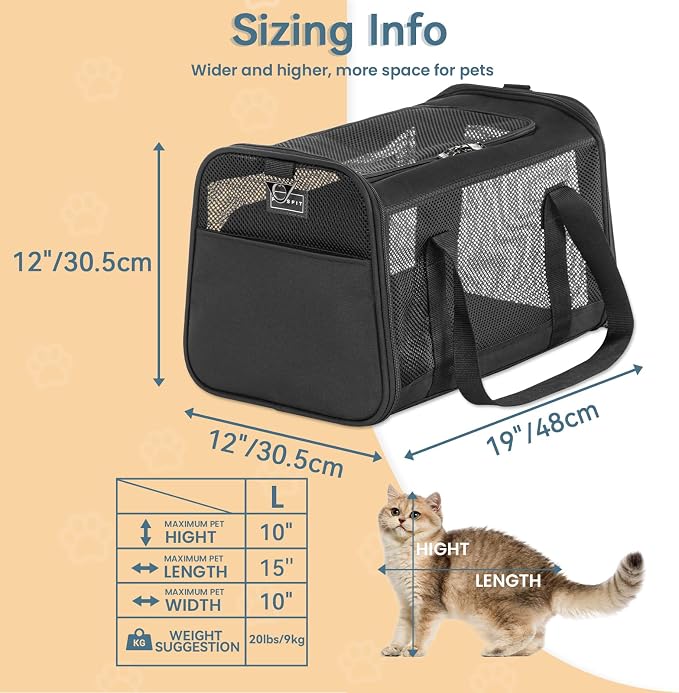 PETSFIT 19 x 12 x 12 Large Cat Carrier | Roomy Escape-Proof Cat Car Seat, Safe Driving, Lockable Zippers & Safety Tether, Soft-Sided Travel Carrier