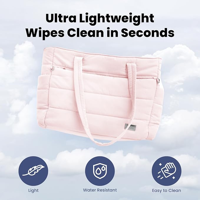 Rubyloo Puffer Dog Travel Bag for Dog Moms, Diaper Bag with Travel Bowls | 2 BPA-Free Collapsible Bowls, 2 Pet Food Containers, 9 Pockets, Everyday Puffer Bag Works With or Without Your Dog, Soft Pink