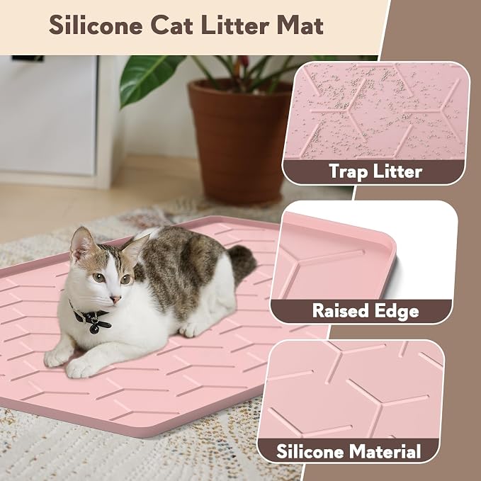 Garoopion Silicone Cat Litter Mat 34×22 inch, Easy to Clean, Pink | Waterproof Silicone Mat with Raised Edges, Catch Litter, Protect Floor from Urine, Multi-Use for Dog/Sink/Kitchen/Boots