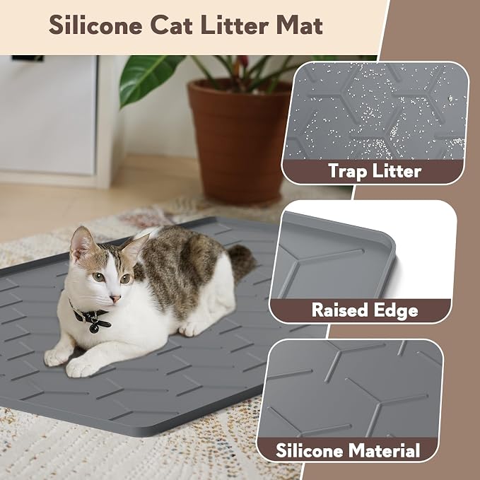 Garoopion Silicone Cat Litter Mat 34×22 inch, Easy to Clean, Dark Gray | Waterproof Silicone Mat with Raised Edges, Catch Litter, Protect Floor from Urine, Multi-Use for Dog/Sink/Kitchen/Boots
