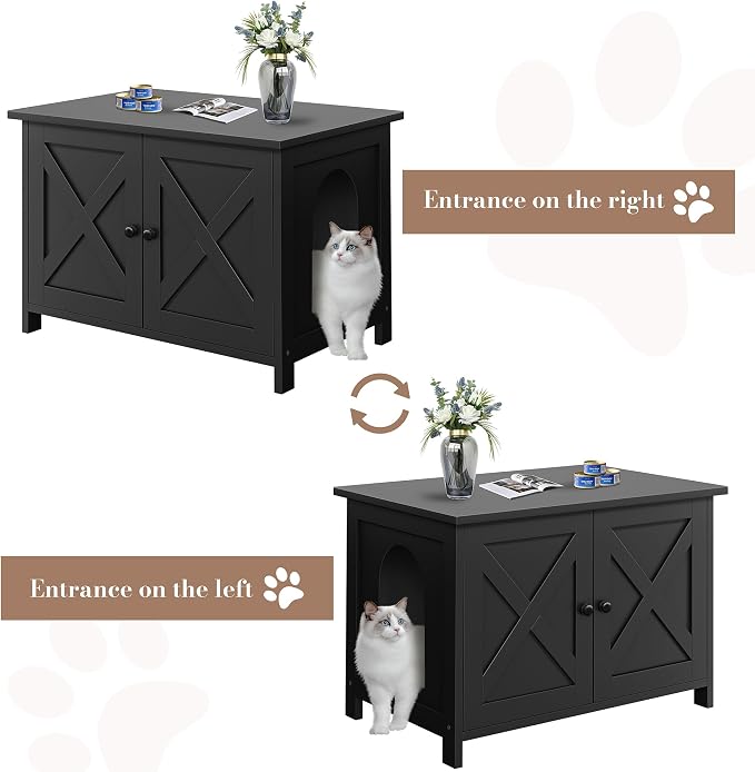 JY QAQA Cat Litter Box Enclosure,Litter Box Furniture Hidden with Barn Door,Wooden Washroom Furniture,Cat House,Fit Most of Litter Box,Black