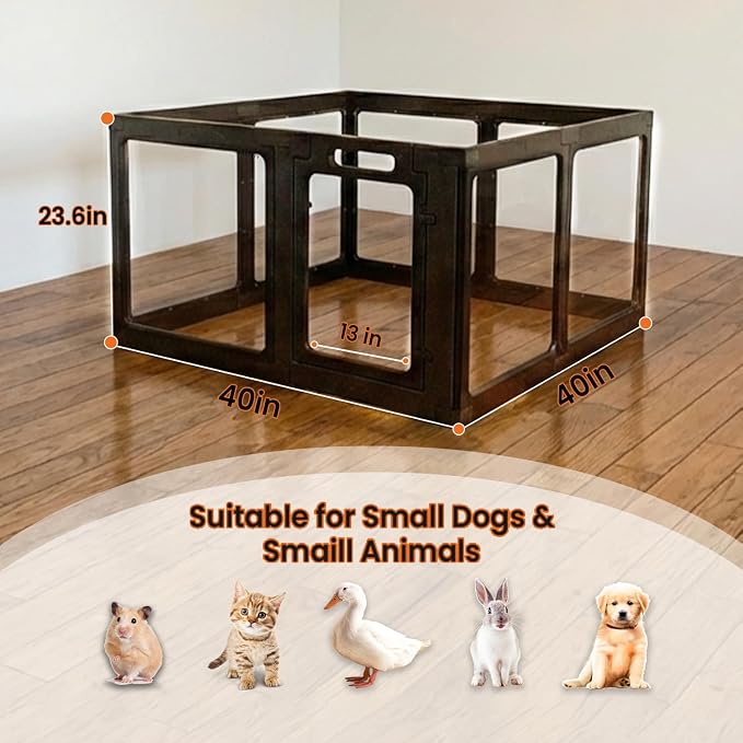 Transparent Indoor Dog Playpen with Safety Lock, Indoor Dog Fence for Small & Medium Pets | Secure, Stylish, Easy Clean Play Pen for Dogs & Pets with Scratch Resistant Panels (Black, 8 Panel)