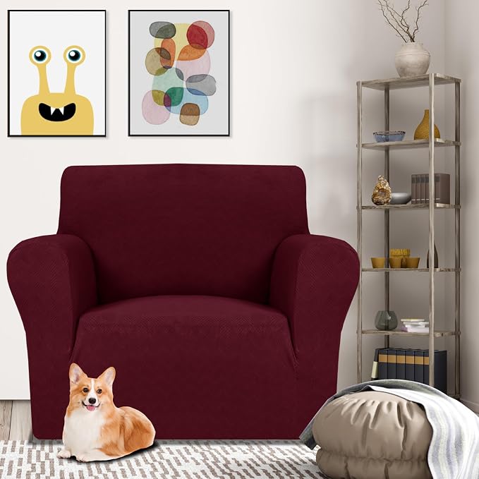 MAXIJIN Chair Covers for Living Room 1 Piece Stretch Sofa Chair Slipcovers with Arms (31"-46") Furniture Protector for Dog Pet Couch Armchair Cover (Chair, Diamond Pattern Wine Red)