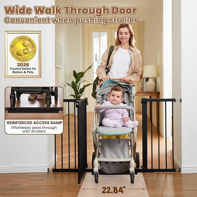 Mumeasy 29.7-51" Extra Wide Baby & Dog Safety Gate for Stairs & Doorways | Pressure/Hardware Mount Child & Pet Gate, Auto Close Easy Access Walk Thru Door for House, Hallway, Indoor & Outdoor, Black