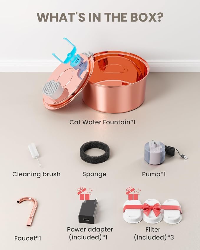 Tomxcute Copper Cat Water Fountain, 108oz/3.2L Large Capacity, Ultra-Quiet Pump (≤25dB), Multi-Layer Filtration, Easy Hand-Wash Design for Cats & Small Dogs