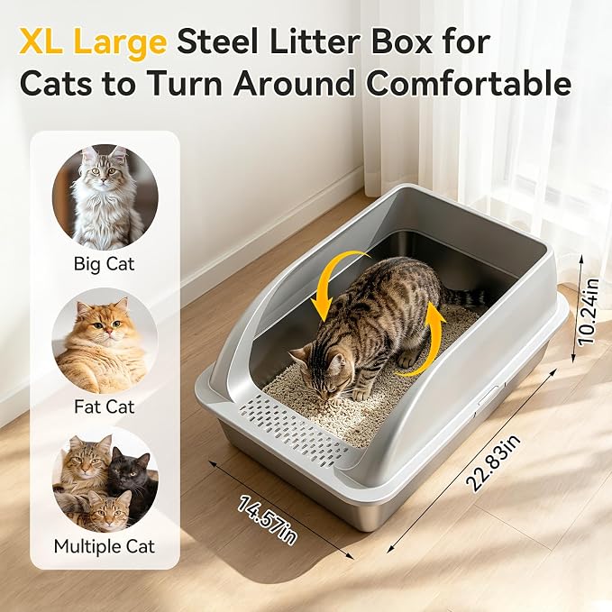 2-Pack XL Stainless Steel Cat Litter Box for Large Multi-Cat, Gray | High Sides, Extra Large Tall Wall Open Top Deep Metal Pan, Anti-Leak Non-Stick Odor Control, 2 Scoops Included