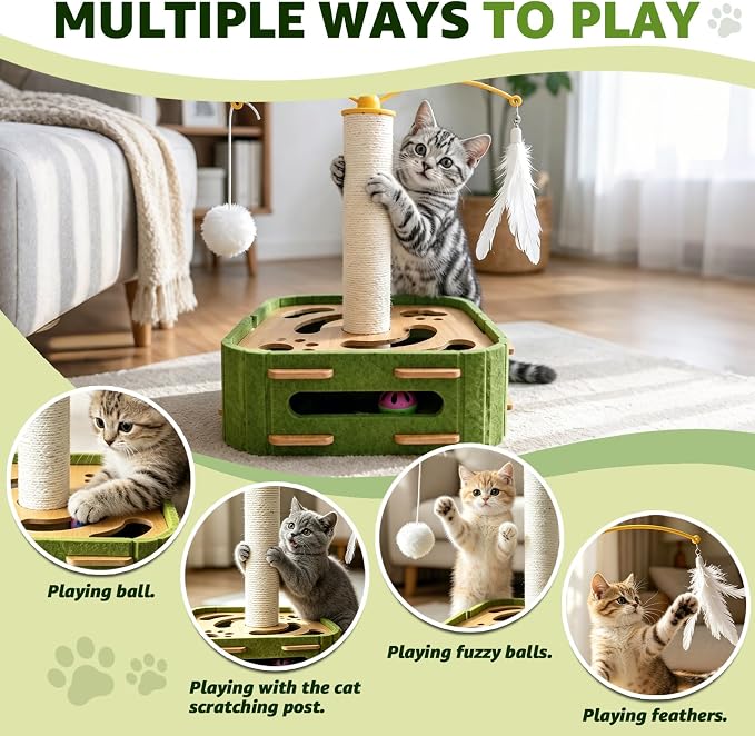 Cat Nail File Scratcher Boxs,Interactive Cats Puzzle Toys with Sisal Column Bell Balls,Indoor Cat Maze Hunting Game Toy for Scratching Mental Stimulation Boredom Relief