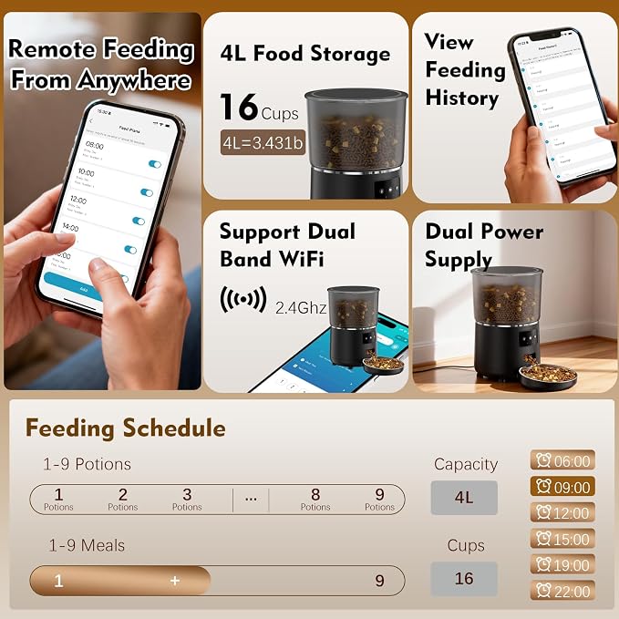 Automatic Cat Feeder with Voice Recorder & 4L Large Capacity – Programmable Pet Food Dispenser for Cats and Small Dogs, Up to 9 Meals Daily, Dual Power, Locking Lid & Freshness Protection