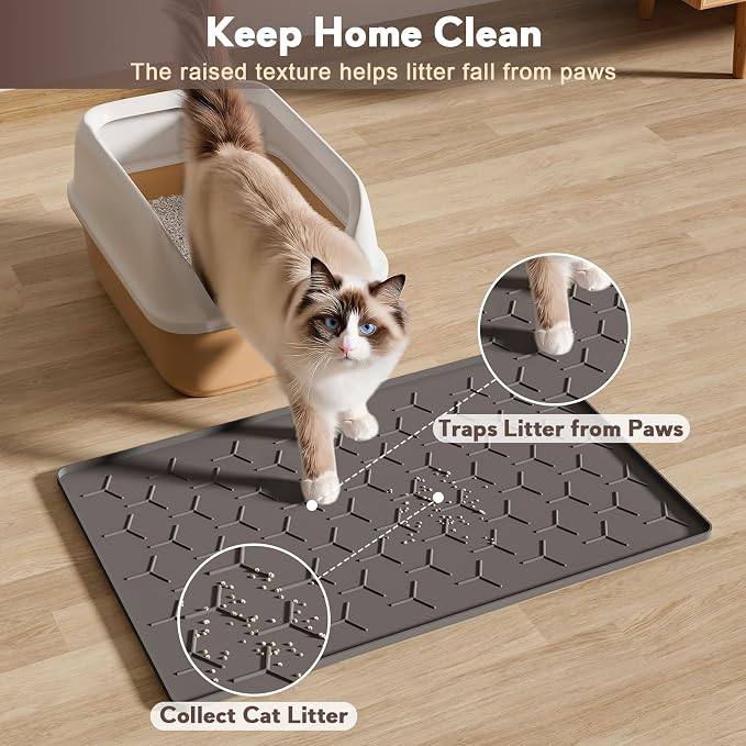 Garoopion Silicone Cat Litter Mat 24×16 inch, Easy to Clean, Dark Gray | Waterproof Silicone Mat with Raised Edges, Catch Litter, Protect Floor from Urine, Multi-Use for Dog/Sink/Kitchen/Boots