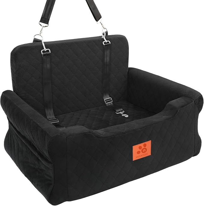 XIEEAOZEE Dog Car Seat for Large/Medium Dogs Up to 55 Lbs, Soft Fabric Car Dog Bed Filling Memory Foam, Removable and Washable Pet Booster Carseat with 2 Safety Leashes, Thick Cushion (Black)