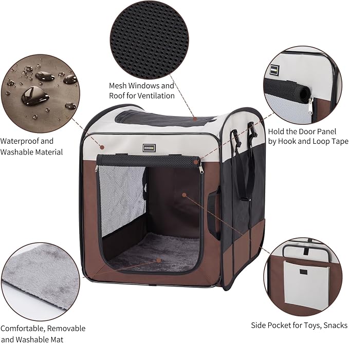 DONORO Dog Kennels and Crates for Medium Dogs, Portable Pop Up Indoor Pet Cage with Sturdy Wire Frame, Collapsible Travel Crate Soft Sided Cat Bag Escape Proof (Brown, 28.0" L x 18.0" W x 22.0" H)