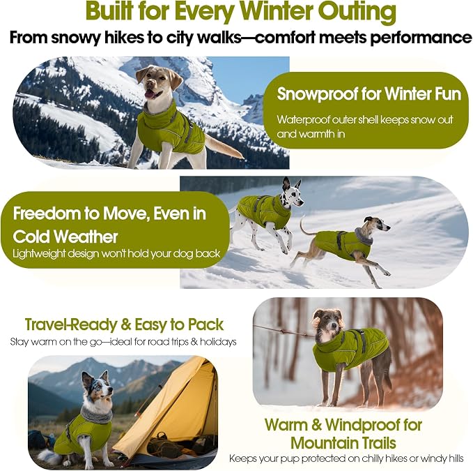 QBLEEV Warm Dog Jacket - Reflective, Adjustable Winter Coat with Turtleneck for Cold Weather, Waterproof Fleece Snowsuit for Small, Medium, Large Dogs