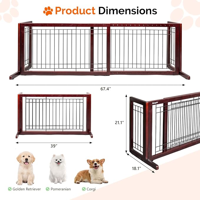 Bonnlo Free Standing Dog Gate, 37" - 68" Wide Pet Gate for Fireplace Stairs Doorways, Wooden Adjustable Pet Fence Indoor, Christmas Tree Gate (Cherry)