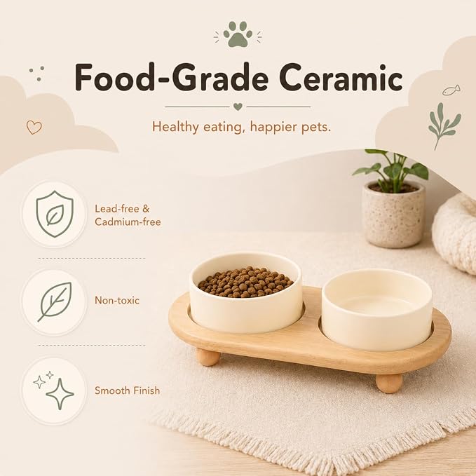 Havniva Raised Cat Bowl 5.1” Elevated Ceramic Cat Food and Water Bowl Set | Cat Bowls Elevated, Whisker Friendly Cat Bowl, Non-Slip Wood Stand, Food-Grade Ceramic, Wide Opening, Dishwasher Safe