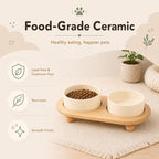Havniva Raised Cat Bowl 5.1” Elevated Ceramic Cat Food and Water Bowl Set | Cat Bowls Elevated, Whisker Friendly Cat Bowl, Non-Slip Wood Stand, Food-Grade Ceramic, Wide Opening, Dishwasher Safe
