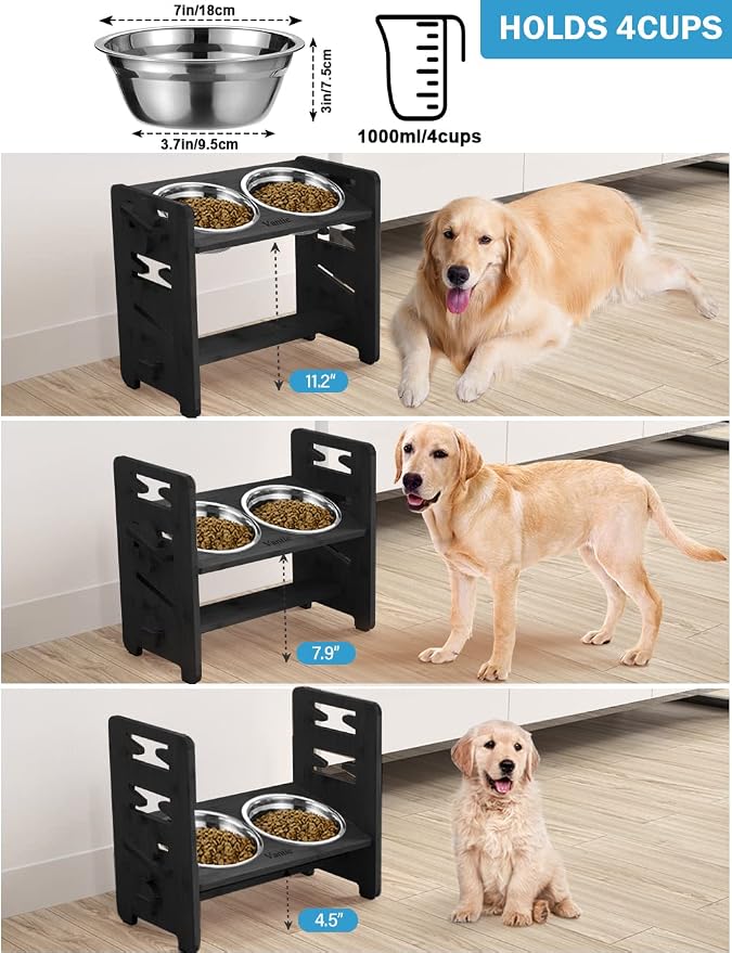Vantic Elevated Dog Bowls, Raised Dog Bowl Stand Adjustable Medium, Black | Bamboo Elevated Feeder with 2 Stainless Steel Bowls, Adjustable Height Stand for Medium Dogs