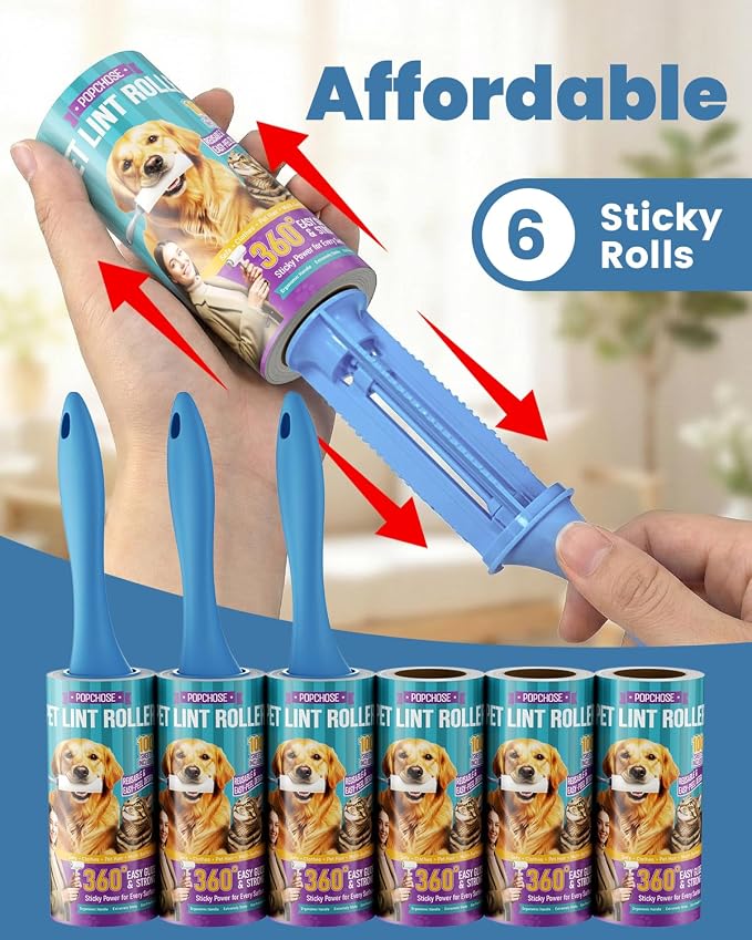 POPCHOSE Lint Roller for Pet Hair Extra Sticky, 600 Sheets with 3 Handles | Dog and Cat Hair Remover for Clothes, Furniture, Couch, Lint Roller for Carpet