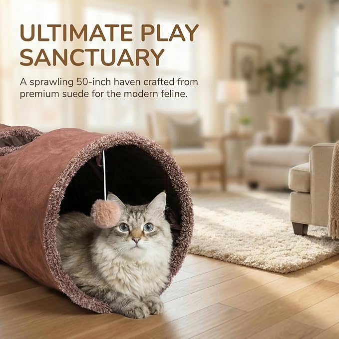 51"x 12" Collasiple Cat Play Tunnel, Cats Tubes and Tunnels, Cat Foldable Hide and Seek Tunnel Toy, Brown Suede Pet Tube Toy for Rabbits, Ferrets, Puppy, Diameter 12 Inch