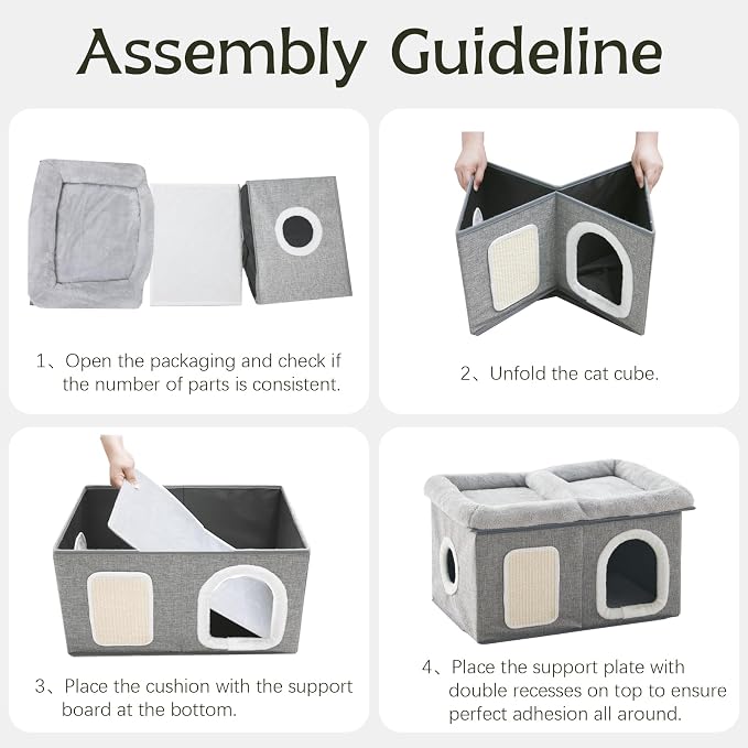 WINDRACING Cat House for Indoor Cats - 24.4" W Extra Wide Cat Bed Cave for Double Small Cats and Foldable with Scratch Pad, Cat Hideaway Condo for Kitten, 24.4x16.9x14.2 Inches, Light Grey