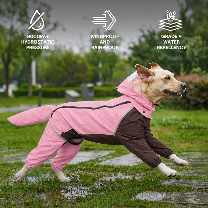 Full-Body Dog Raincoat with Detachable Hood, Waterproof Reflective Dog Rain Jacket with Tail Cover, Adjustable Fit and Leash Portal for Rainy Walks, Cherry Blossom Pink, Large