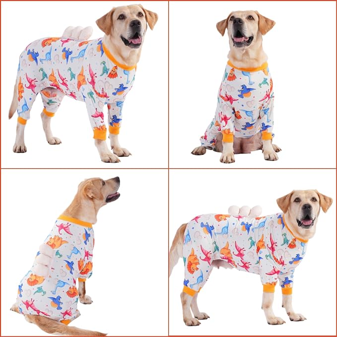 LovinPet Large Dog Pajamas, Four-Leg Stretch Onesie Bodysuit, Lightweight UV-Shielding Pajamas, Anti-Lick Calming Recovery Suit for Surgery, 3D Dino Egg Spikes, Easy on/Off， White， XXL