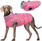 FUAMEY Dog Winter Coat Fleece Warm Large Dog Coat with Harness Built in | Dogs Cold Weather Fleece Coats Zip up Reflective Dog Winter Vest Windproof Water Resistant Snow Coats Rose Plaid XXXL